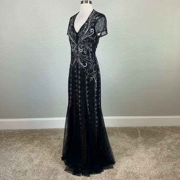 Adrianna Papell Beaded Cut Out Back Evening Gown Blue Size 6 Short Sleeve Formal - Picture 5 of 14